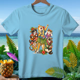 Five cats in Hawaiian attire sing and play instruments on a beach.
