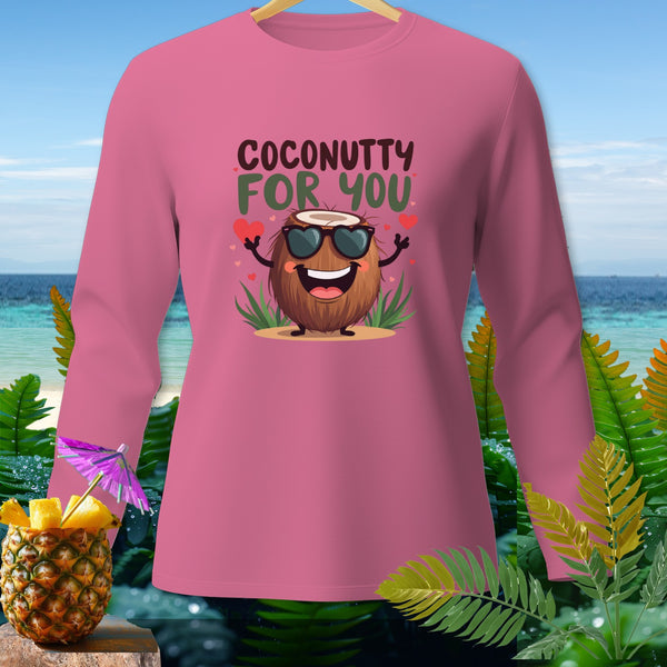 Pink long-sleeve shirt with "Coconnutty For You" and a cartoon coconut.