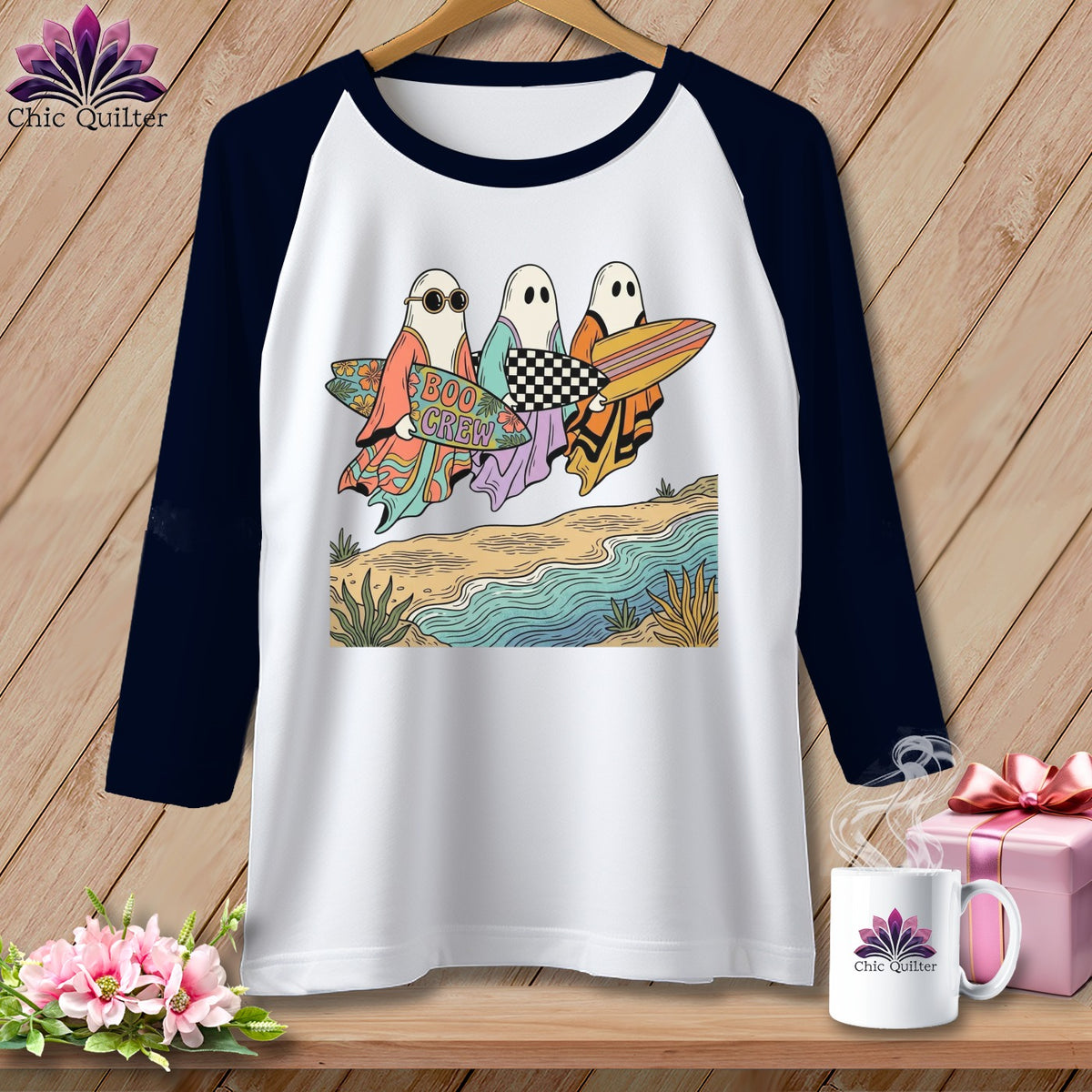 Ghosts with surfboards, one labeled "BOO CREW", on a beach.