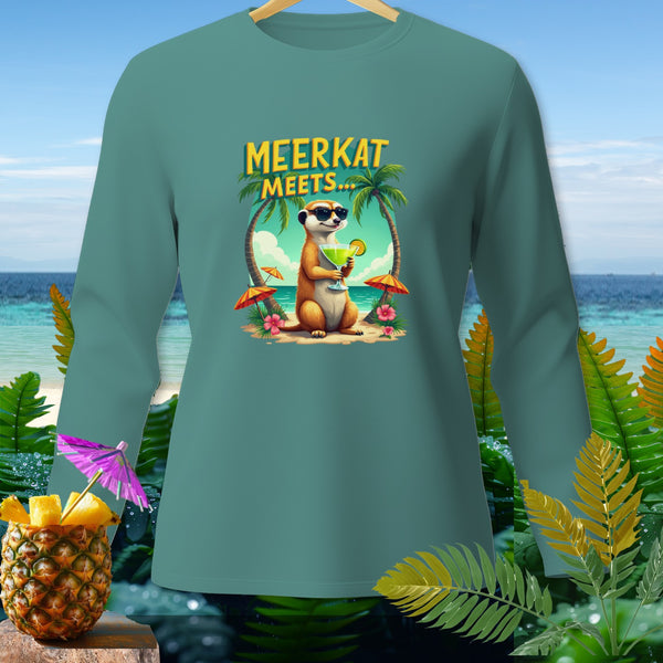 Long-sleeve shirt with cartoon meerkat on tropical beach, text "MEERKAT MEETS...".