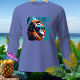 Long sleeve shirt with orangutan wearing sunglasses graphic on tropical background.