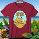 Burgundy t-shirt with a graphic of a skeleton, ghost, and pumpkin digging.