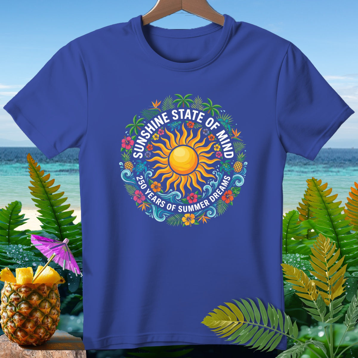 Blue t-shirt with "Sunshine State of Mind 250 Years of Summer Dreams" graphic.