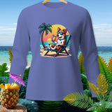 Long-sleeve shirt with a cartoon dog relaxing on a beach chair with a drink.