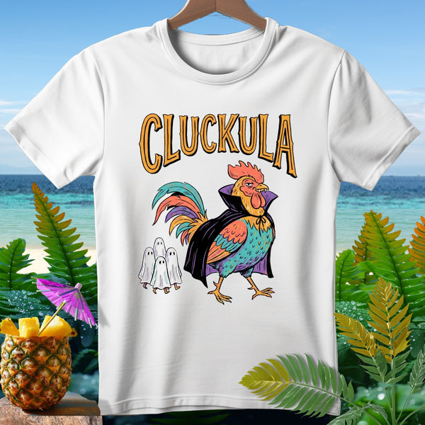 White t-shirt with "CLUCKULA" text above a vampire rooster with three ghosts.
