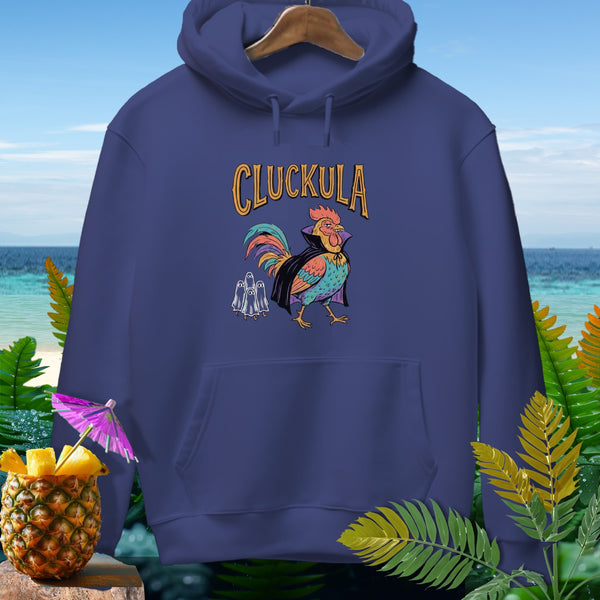 Dark blue hoodie with "CLUCKULA" text, a vampire rooster, and ghosts design.