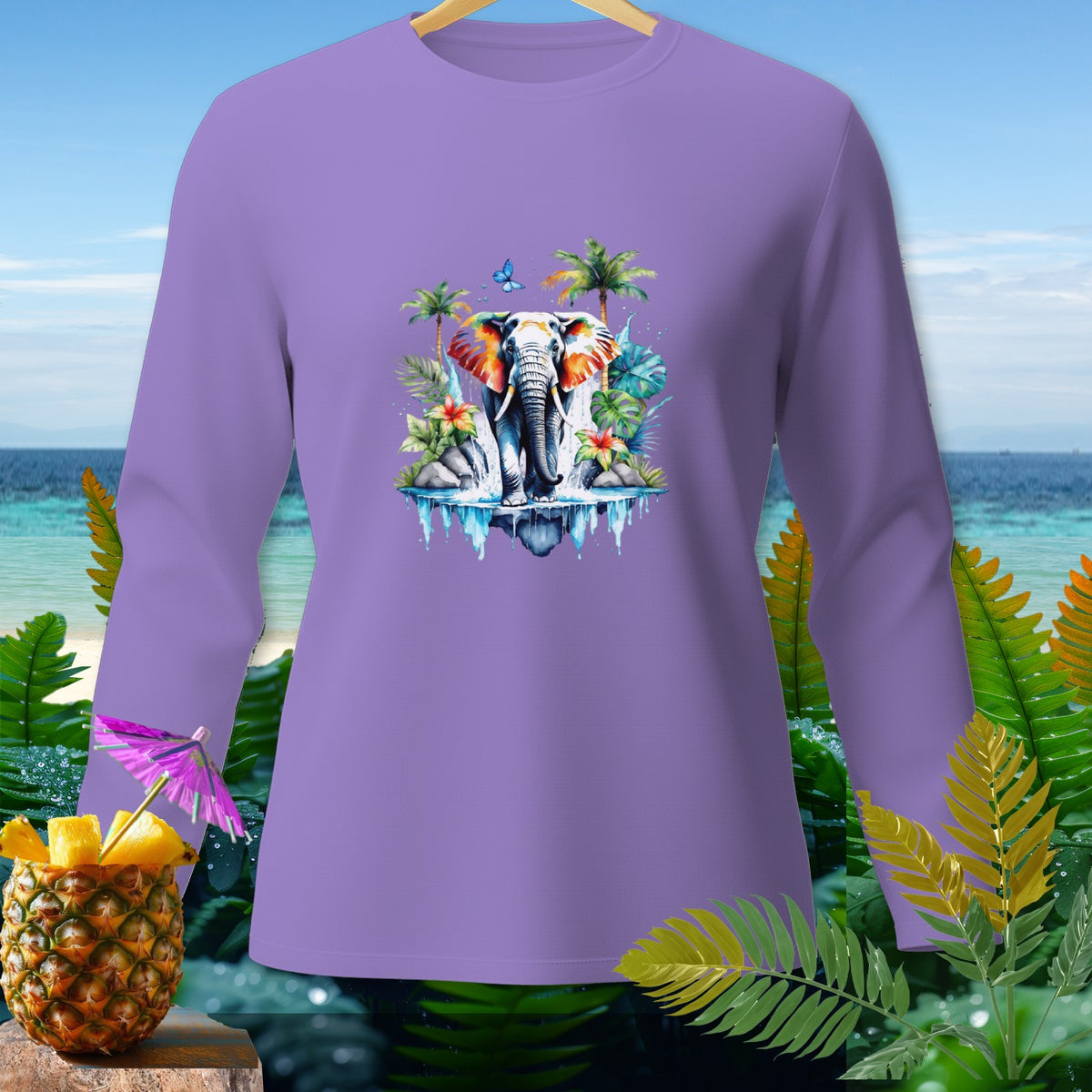 Lavender long-sleeve shirt with a colorful elephant and tropical scene graphic.