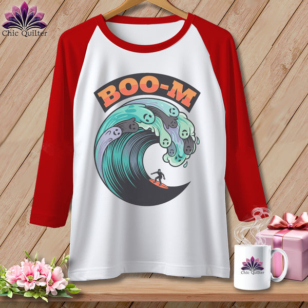 White baseball tee with red sleeves, featuring "Boo-M" text over a wave with ghosts.