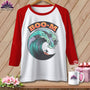 White baseball tee with red sleeves, featuring "Boo-M" text over a wave with ghosts.