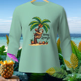 Mint long sleeve shirt with a sloth hanging on a palm tree and 