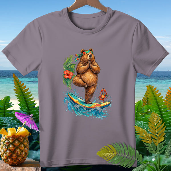 Bear meditating on surfboard with crab, surrounded by tropical plants and ocean.