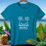 Teal t-shirt with white graphic of palm trees, hammock, sun, and text 