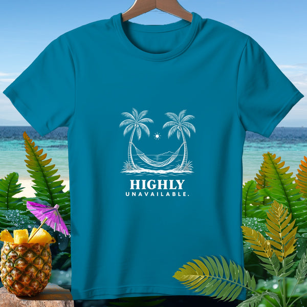 Teal t-shirt with white graphic of palm trees, hammock, sun, and text "HIGHLY UNAVAILABLE."