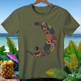 Olive green t-shirt with crescent moon design featuring a surfer and floral tropical pattern.