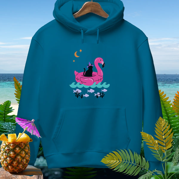 Teal hoodie with a black cat wearing a party hat on a pink flamingo float.