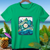 Green t-shirt with tropical design: 