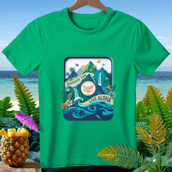 Green t-shirt with tropical design: "Wander Far", eagle emblem, "Live Aloha".