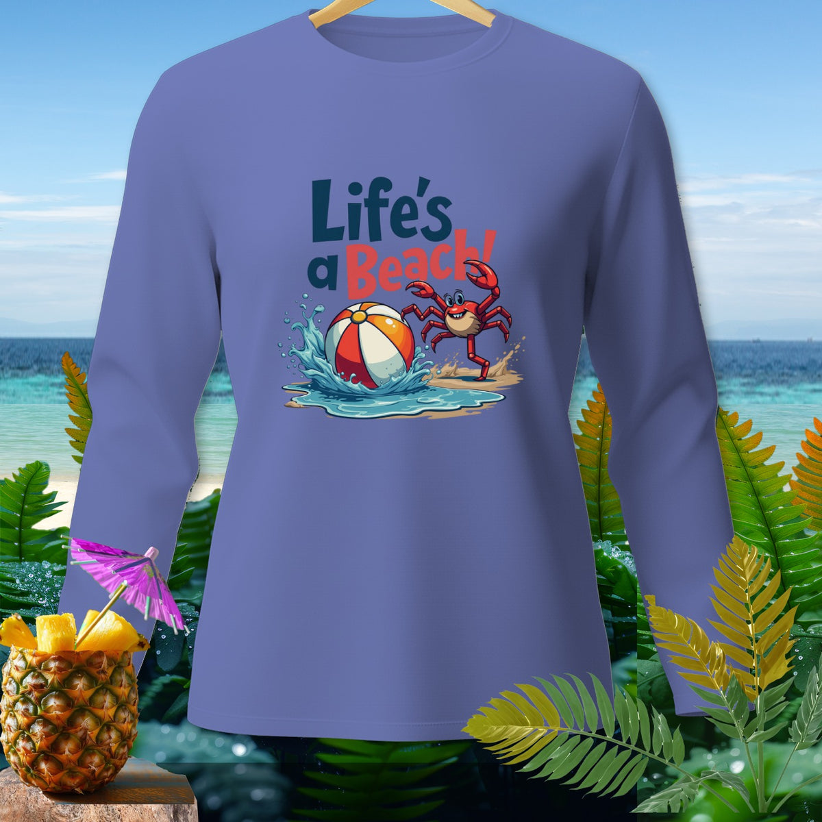 Purple long-sleeve shirt with a crab, beach ball, and "Life's a Beach!" text.