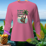 Pink long-sleeve shirt with sloth, palm tree, and text 