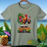 Two roosters with tropical flowers and text 