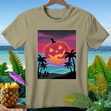 Jack-o'-lantern on a beach at sunset with palm trees and waves.