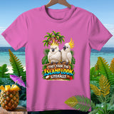 Pink t-shirt with two cockatoos and text 
