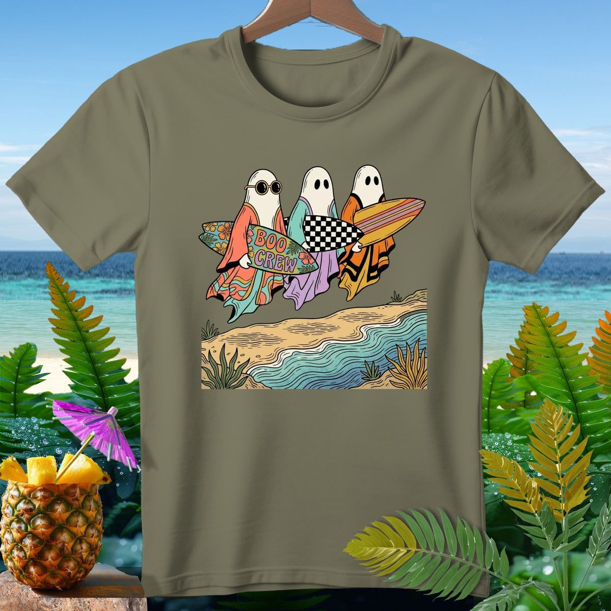 Three ghosts in sunglasses and robes carry surfboards on a beach.