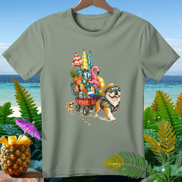 English bulldog and chihuahua pull wagon with beach gear and flamingo float.