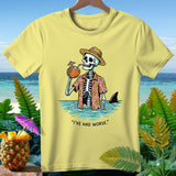 Skeleton in Hawaiian shirt drinks coconut, shark fin visible, with text 
