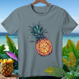 T-shirt with carved pineapple jack-o'-lantern and hanging bats.