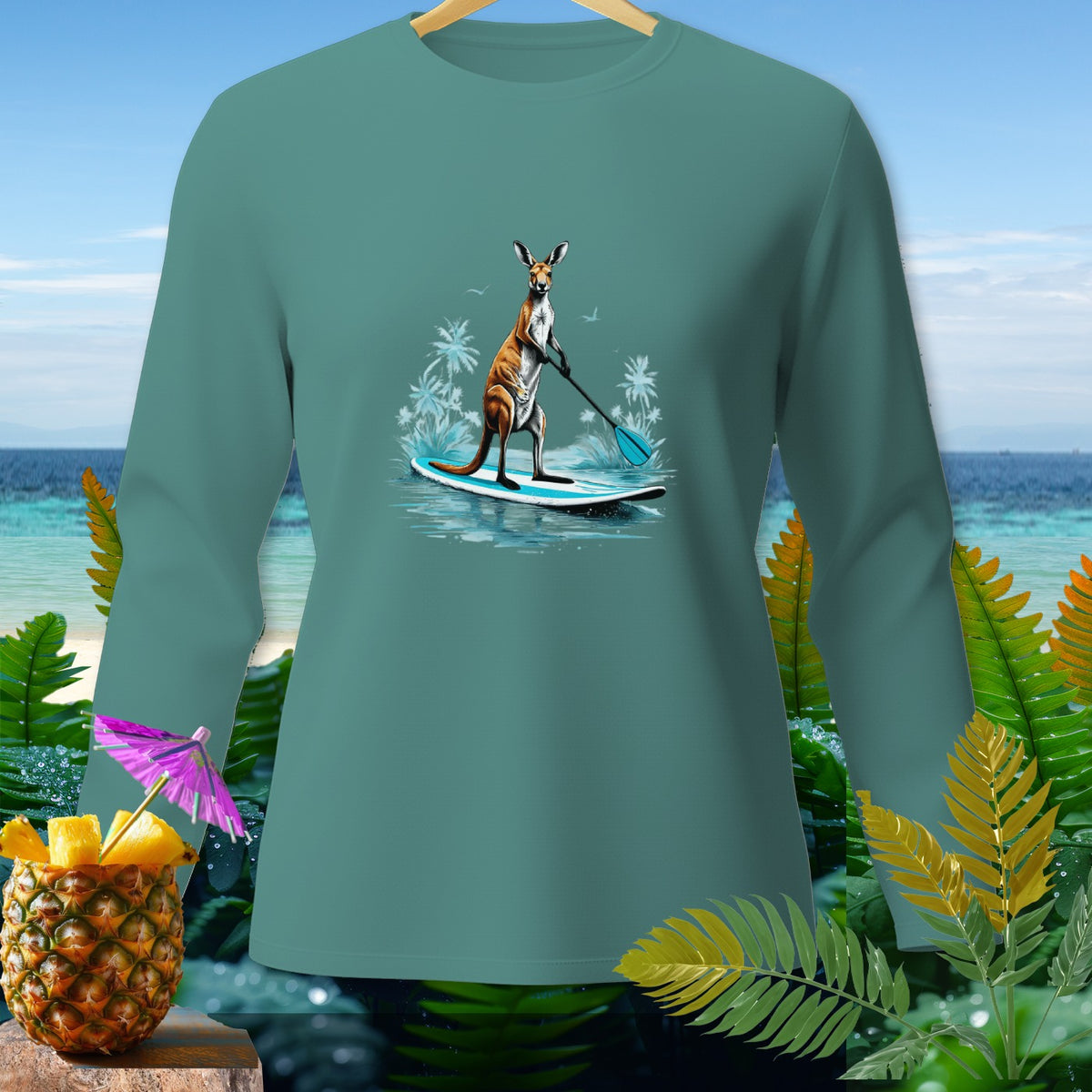 Kangaroo on a paddleboard graphic on a teal long-sleeve shirt.
