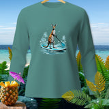 Kangaroo on a paddleboard graphic on a teal long-sleeve shirt.