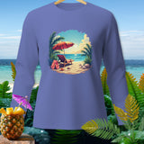 Long-sleeve purple t-shirt with a beach scene graphic.