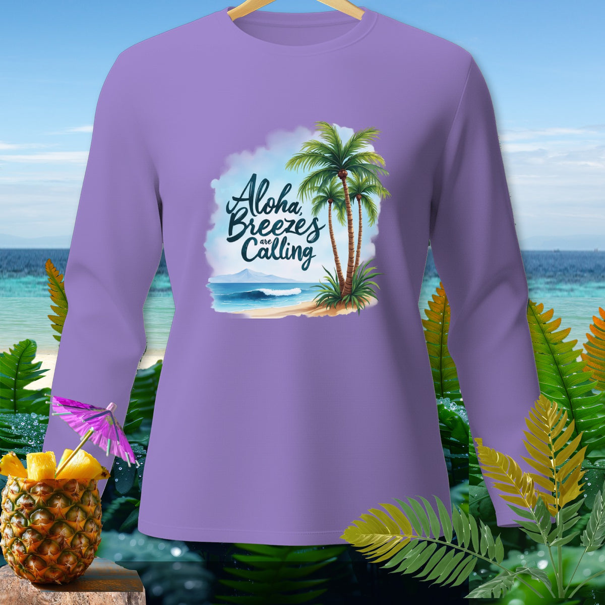 Purple long-sleeve shirt with "Aloha Breezes Are Calling" text and tropical beach graphic.