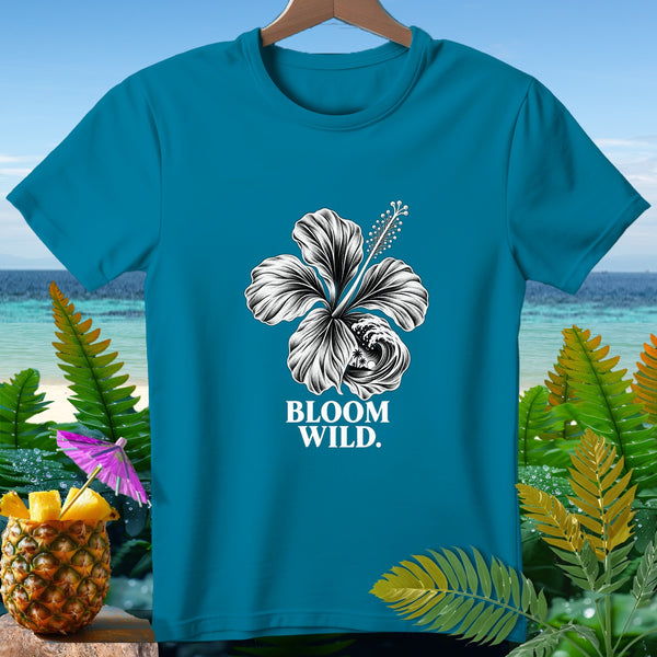 Teal t-shirt with white hibiscus flower design and "BLOOM WILD." text.