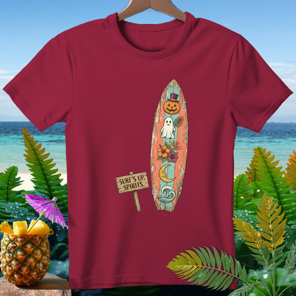 Maroon t-shirt with a surfboard graphic featuring a pumpkin, ghost, moon, and flowers.