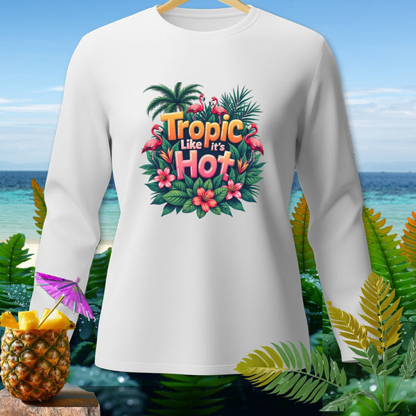 White long-sleeved shirt with "Tropic Like It's Hot" text and flamingos.