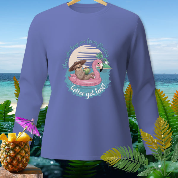 Sloth on flamingo float with coconut drink. Text: "those who keep me from floating better get lost!"