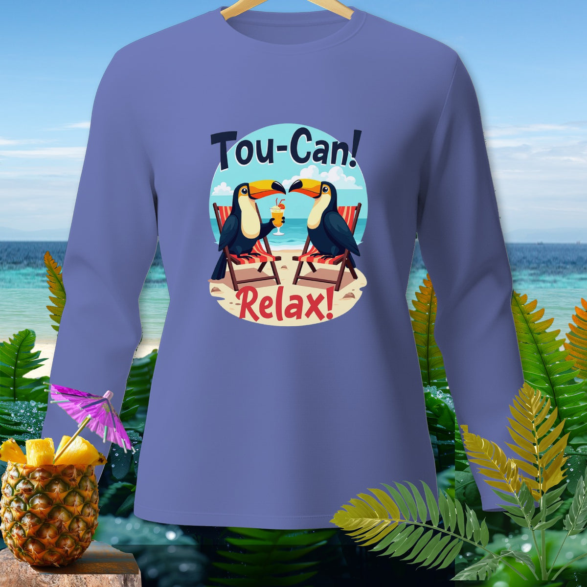 Toucan couple on beach chairs with drinks, text "Tou-Can! Relax!".