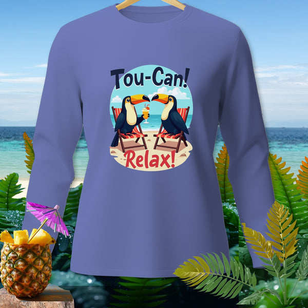 Toucan couple on beach chairs with drinks, text "Tou-Can! Relax!".