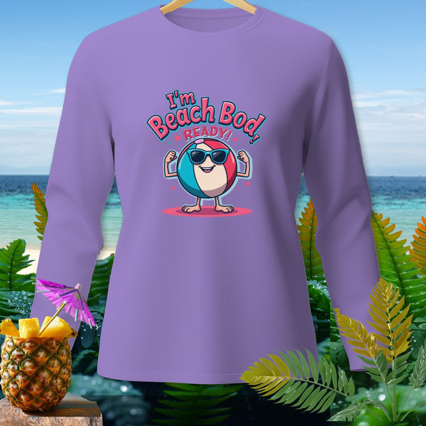 Purple long-sleeve shirt with "I'm Beach Bod Ready!" and cartoon beach ball graphic.