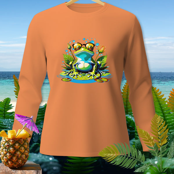 Orange long-sleeve shirt with a graphic of a frog wearing sunglasses on a lily pad.