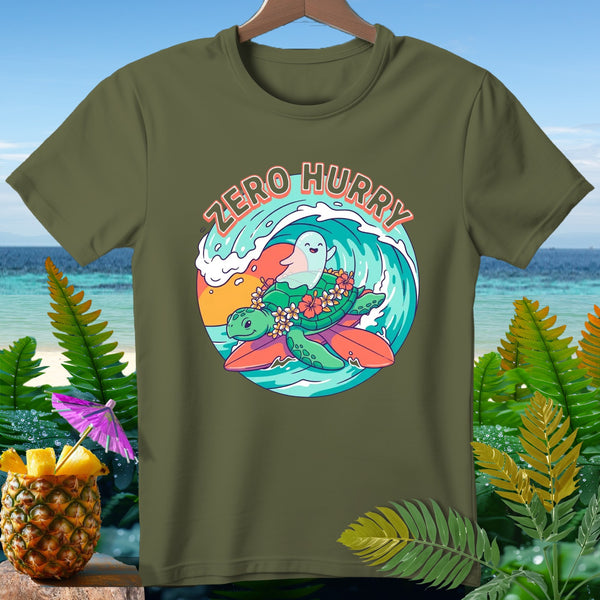 Green t-shirt with graphic of turtle riding wave, text "ZERO HURRY"