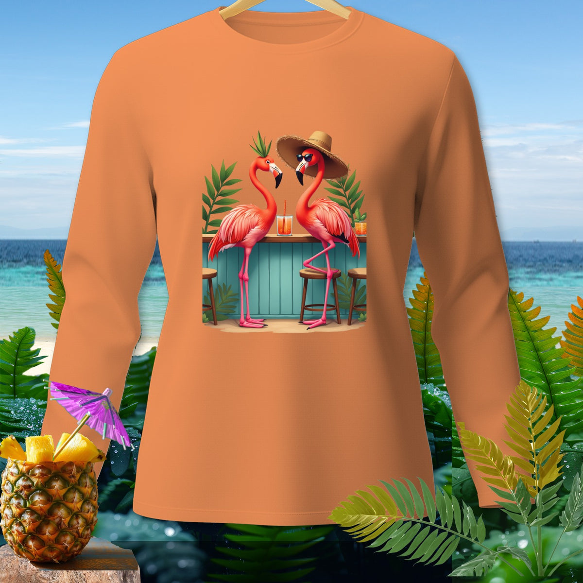Orange long-sleeve shirt with two flamingos at a bar with drinks.