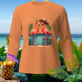 Orange long-sleeve shirt with two flamingos at a bar with drinks.