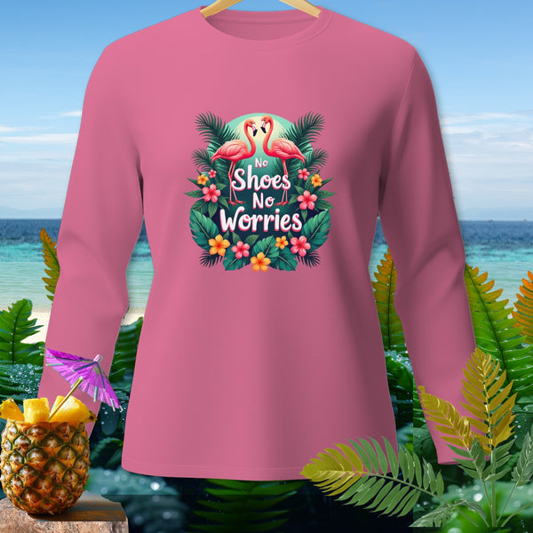 Pink long-sleeve shirt with "No Shoes No Worries" and flamingos graphic.
