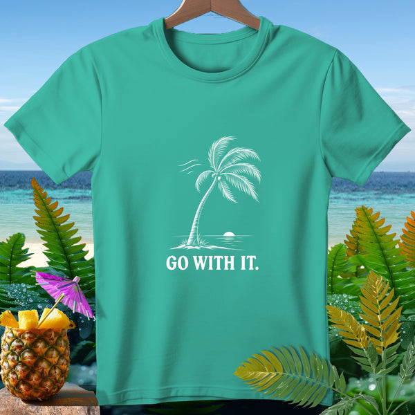 Teal t-shirt with white palm tree graphic and "GO WITH IT." text.