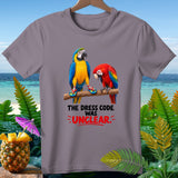 Macaws on a branch wearing flip-flops, with text 