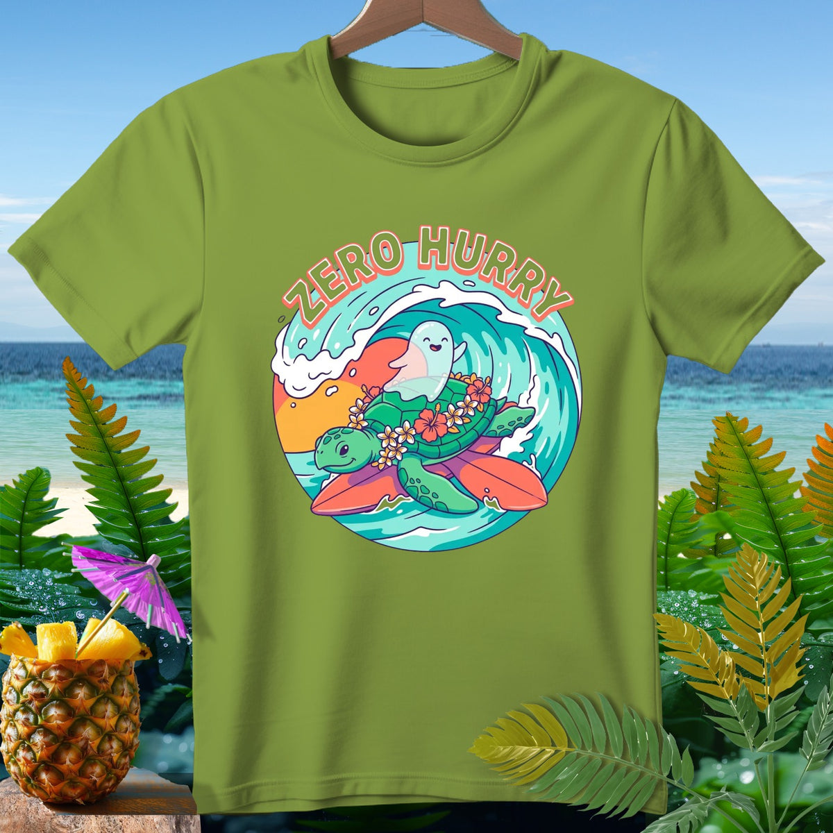 Green t-shirt with a turtle, ghost, and surfboard graphic with "Zero Hurry" text.