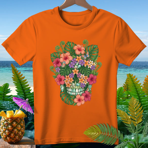 Orange t-shirt with a floral skull design and tropical background.